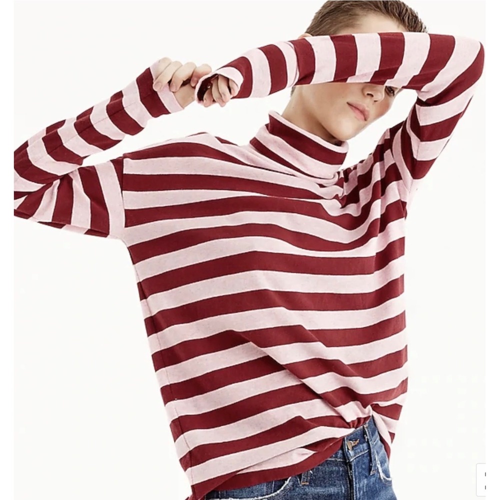 J.Crew Pink Burgundy Deck-Striped Cotton Turtleneck Top Oversized Small B3380